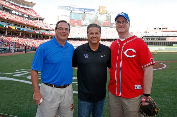 Garren Colvin (left) joined UK Coach John Calipari and Chamber President Trey Grayson to lead NKY Night at the Reds