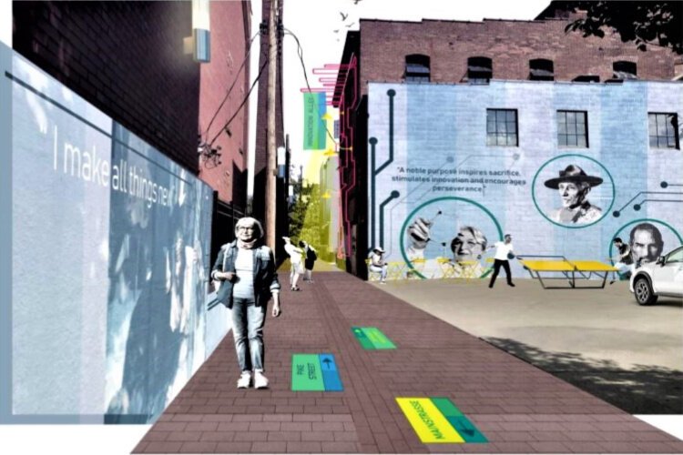 A rendering of proposed improvements to Innovation Alley includes art, murals, and wayfinding markers.