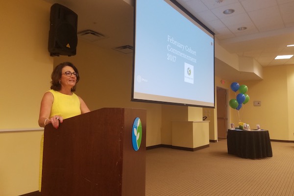 President Alecia Webb-Edgington addresses Life Learning Center's February 2017 graduating cohort.