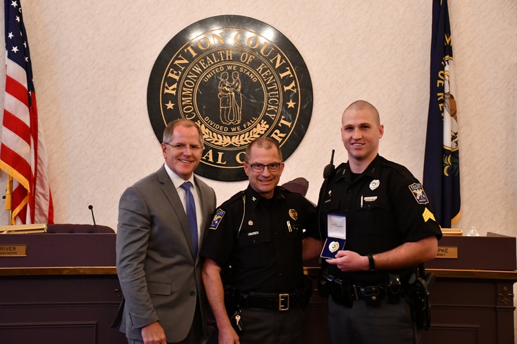 Kenton County Judge/Executive Kris Knochelmann in the Independence Courthouse at a police promotion ceremony.